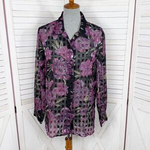 Vintage Notations Sheer Floral Check‎ Shimmer Blouse Black Purple Large